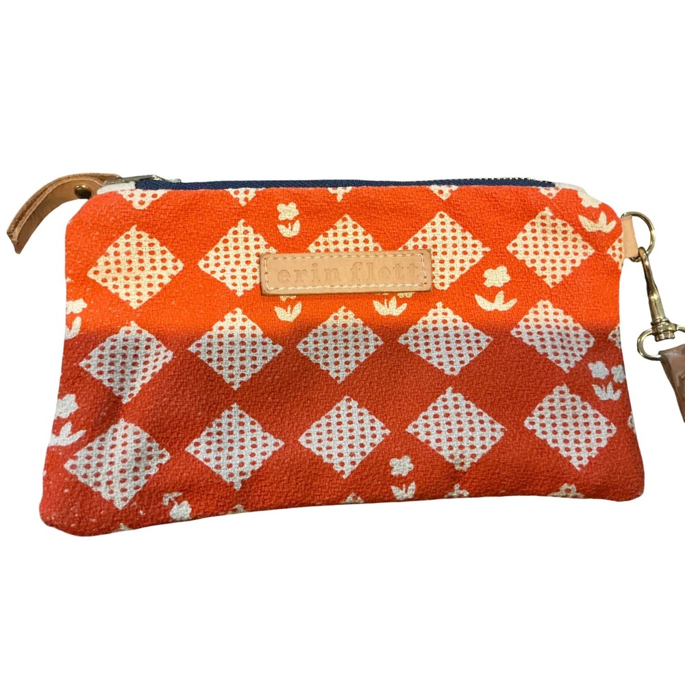Erin Flett Orange White Geometric Floral Zipper Pouch‎ Clutch Wristlet
